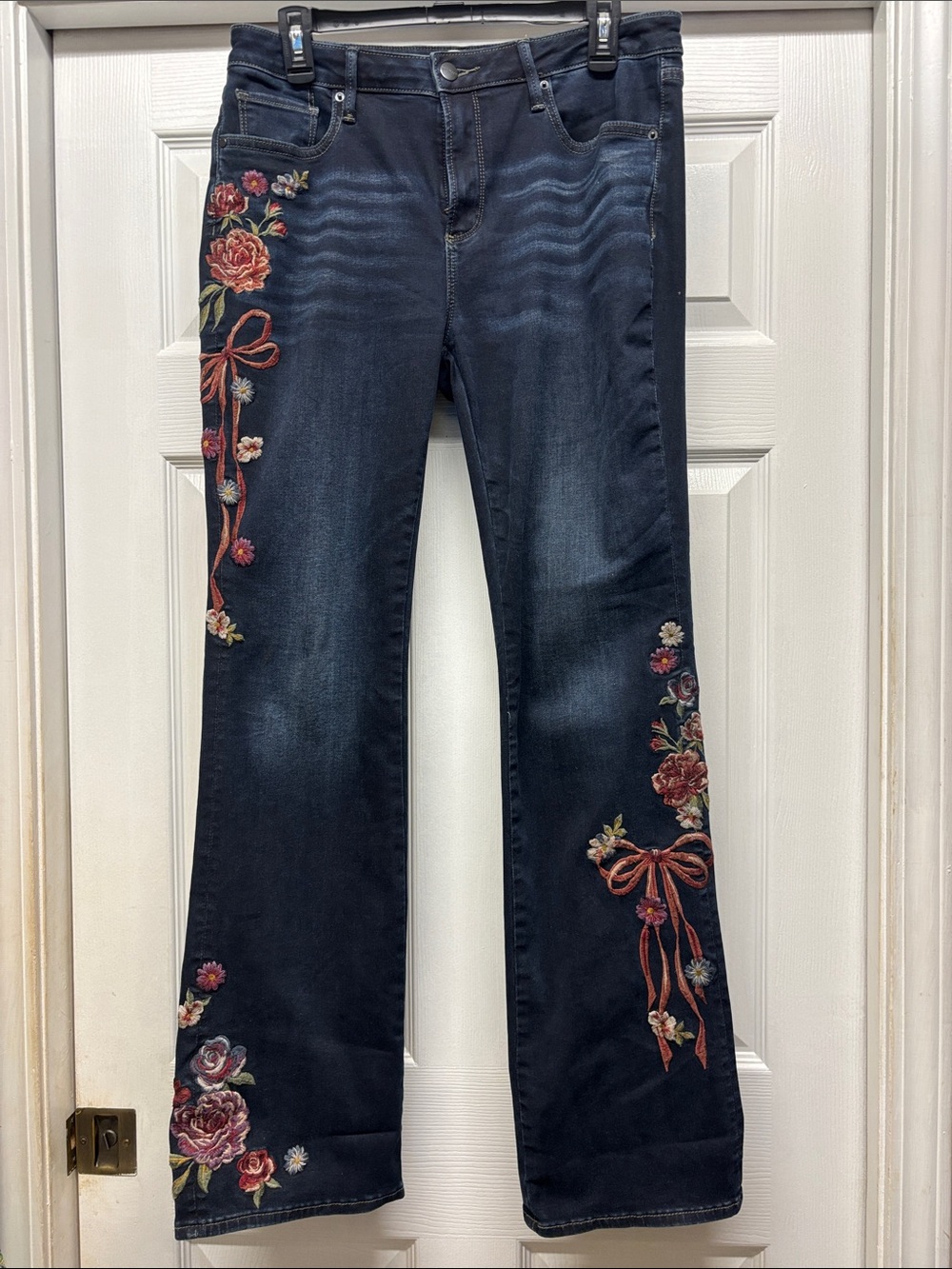 Driftwood Floral & Bow Embroidered Dark Wash Fall Color Flare Jeans 29